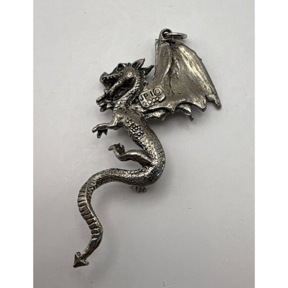 Silver Tone Large Dragon Pendant Charm Red Rhinestone Eye Mystical Fantasy - Picture 2 of 7